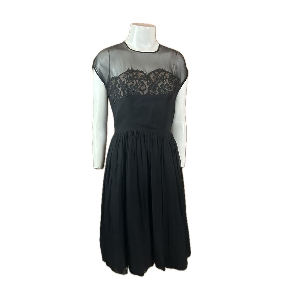 Vintage 1950s Black Sheer Lace Silk Crepe Party Dress / Womens XS